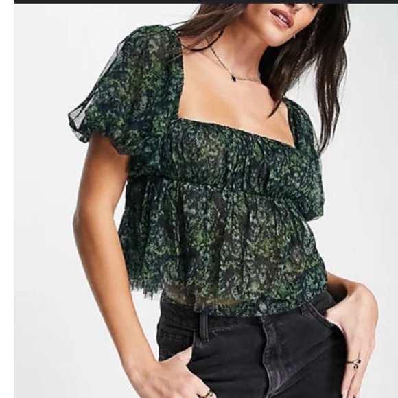 Free People Penelope Blouse Mesh‎ Ruffle Babydoll Back Tie Fairy Forest Women M - Picture 1 of 9